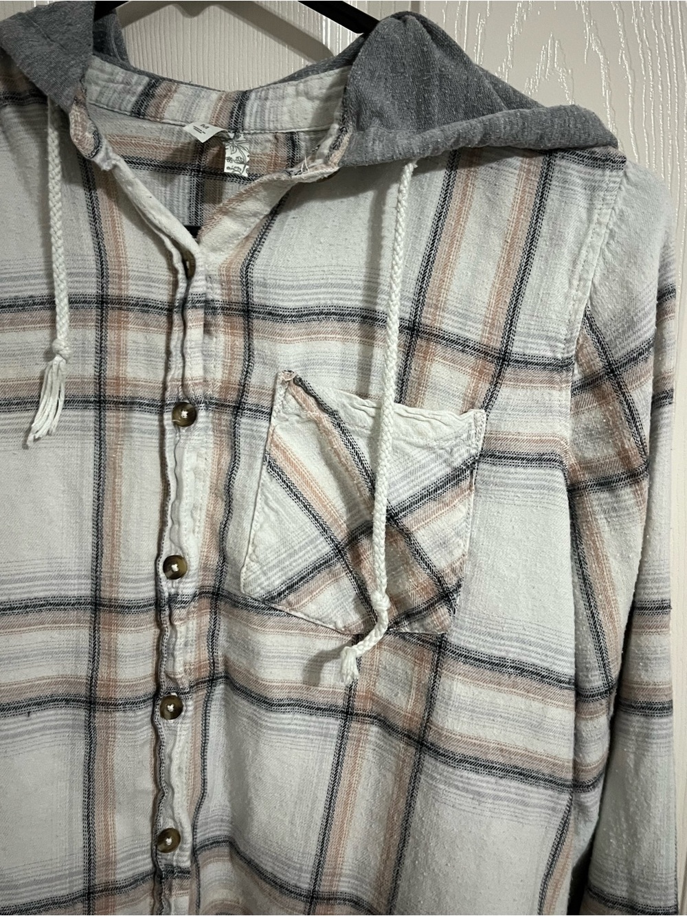 Mudd Plaid Hooded Button-Down Shirt - Cream, Gray - Picture 5 of 6